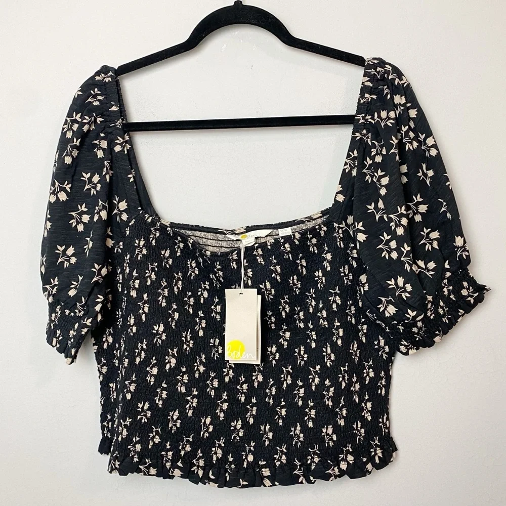 Boden Square Neck Smocked Jersey Crop Top in Black Bud
